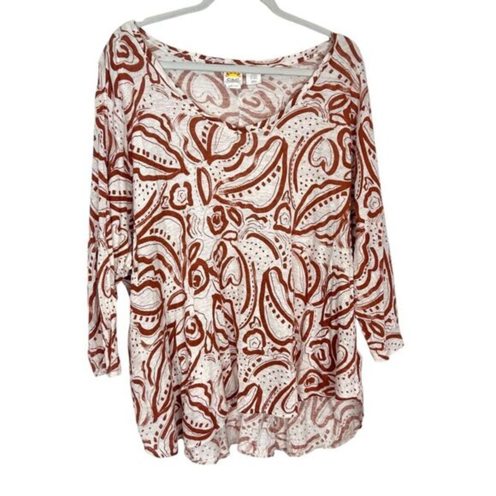 C&C California Blouse Top Womens 3X Brown White Linen 3/4 Sleeve V-Neck Coastal
